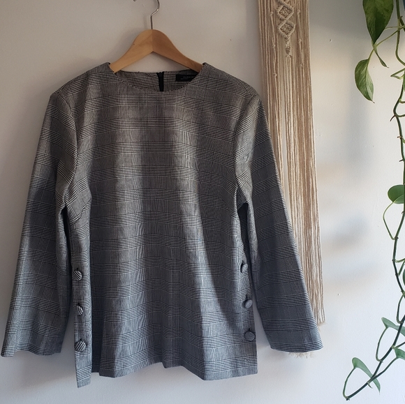 Zara Woman Glen Plaid Check Side Button Blouse Shirt Top Medium Houndstooth - Picture 3 of 10